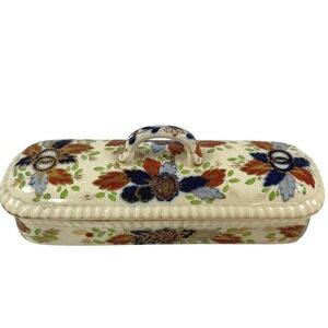 Antique Imari Style Ironstone Divided Butter Dish Trinket Box Gold Gilded BEAUTY